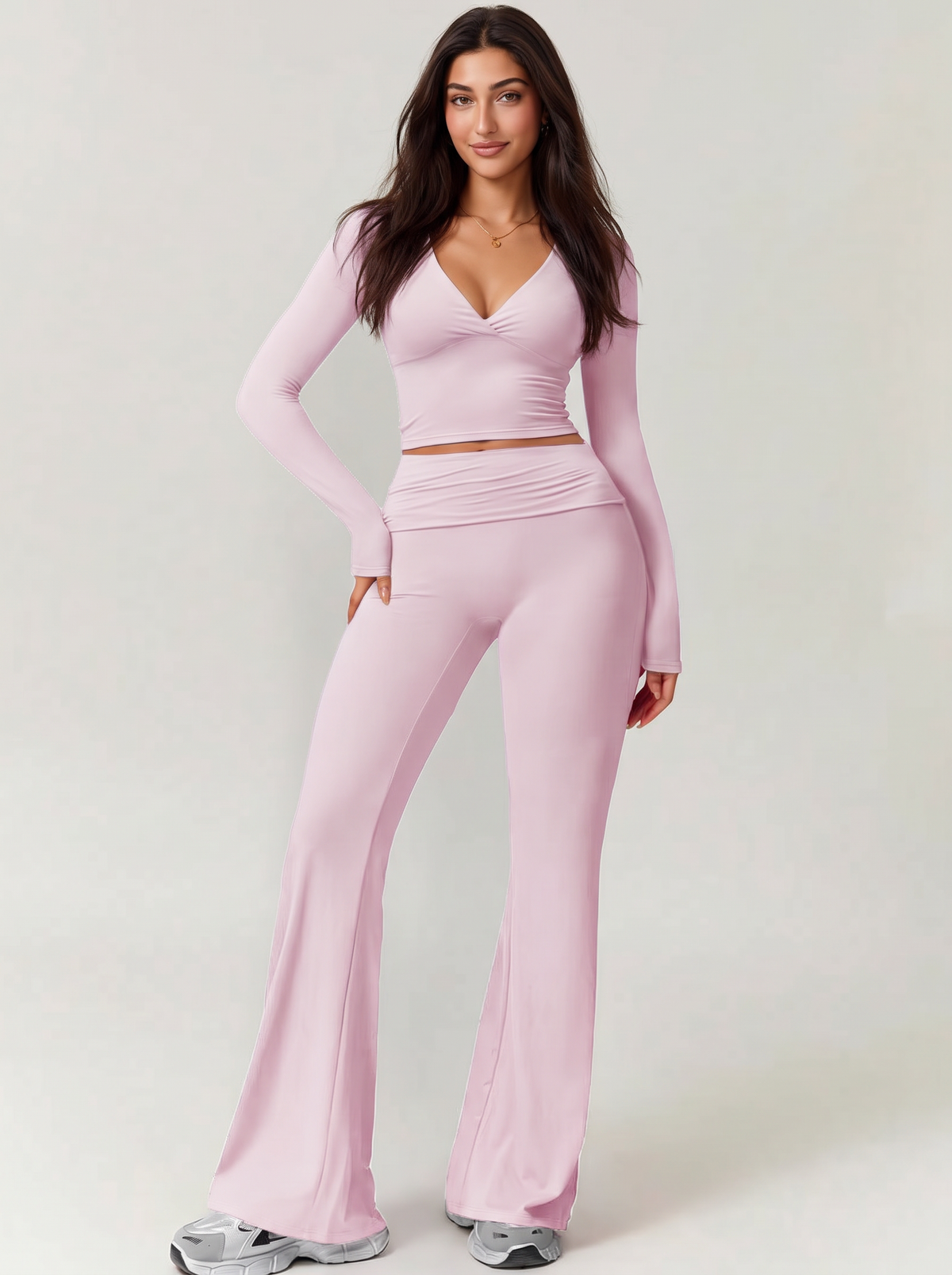Move V-Neck Flare Set in Peach, front view