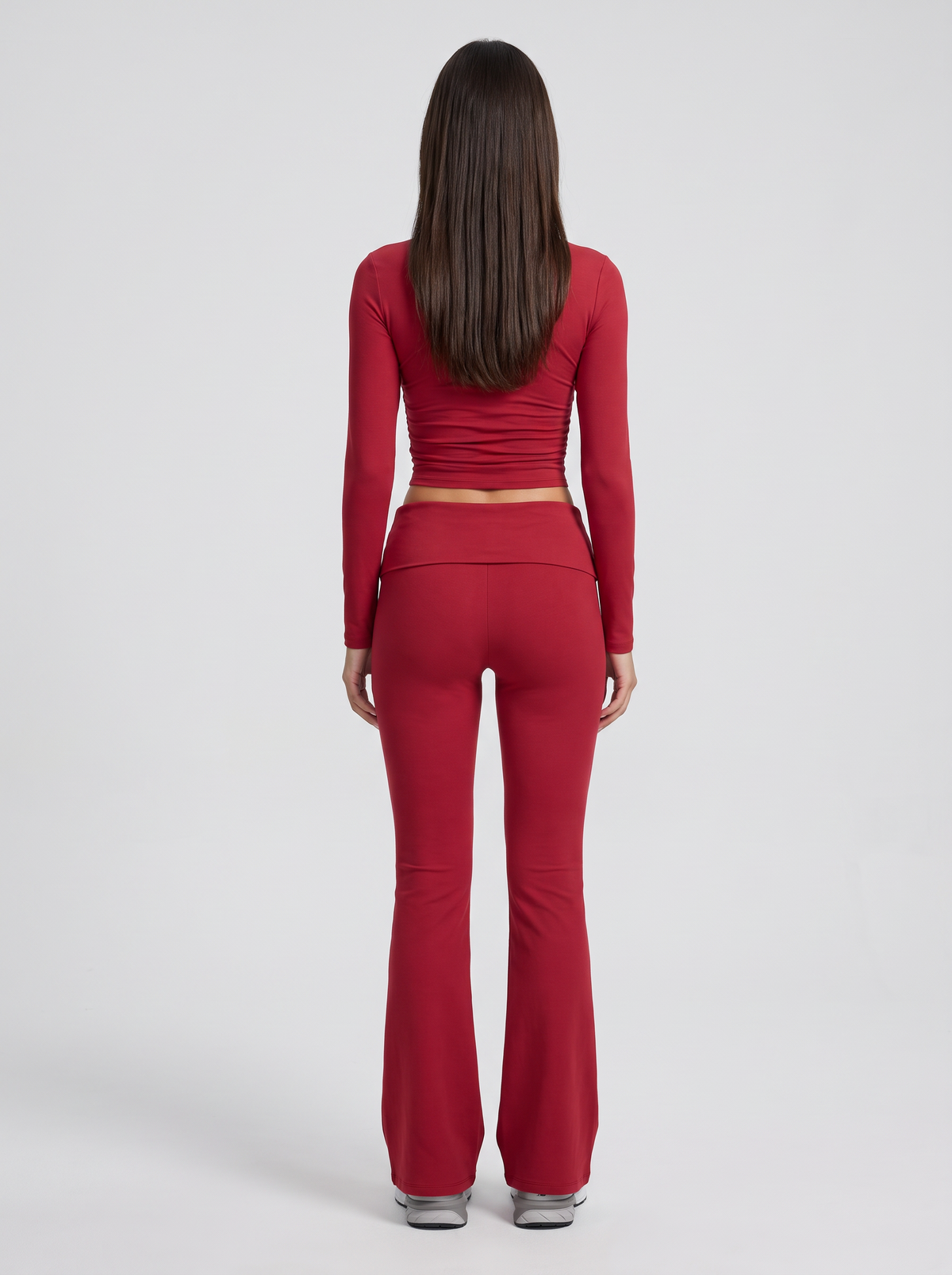 Move V-Neck Flare Set in Burgundy, back view