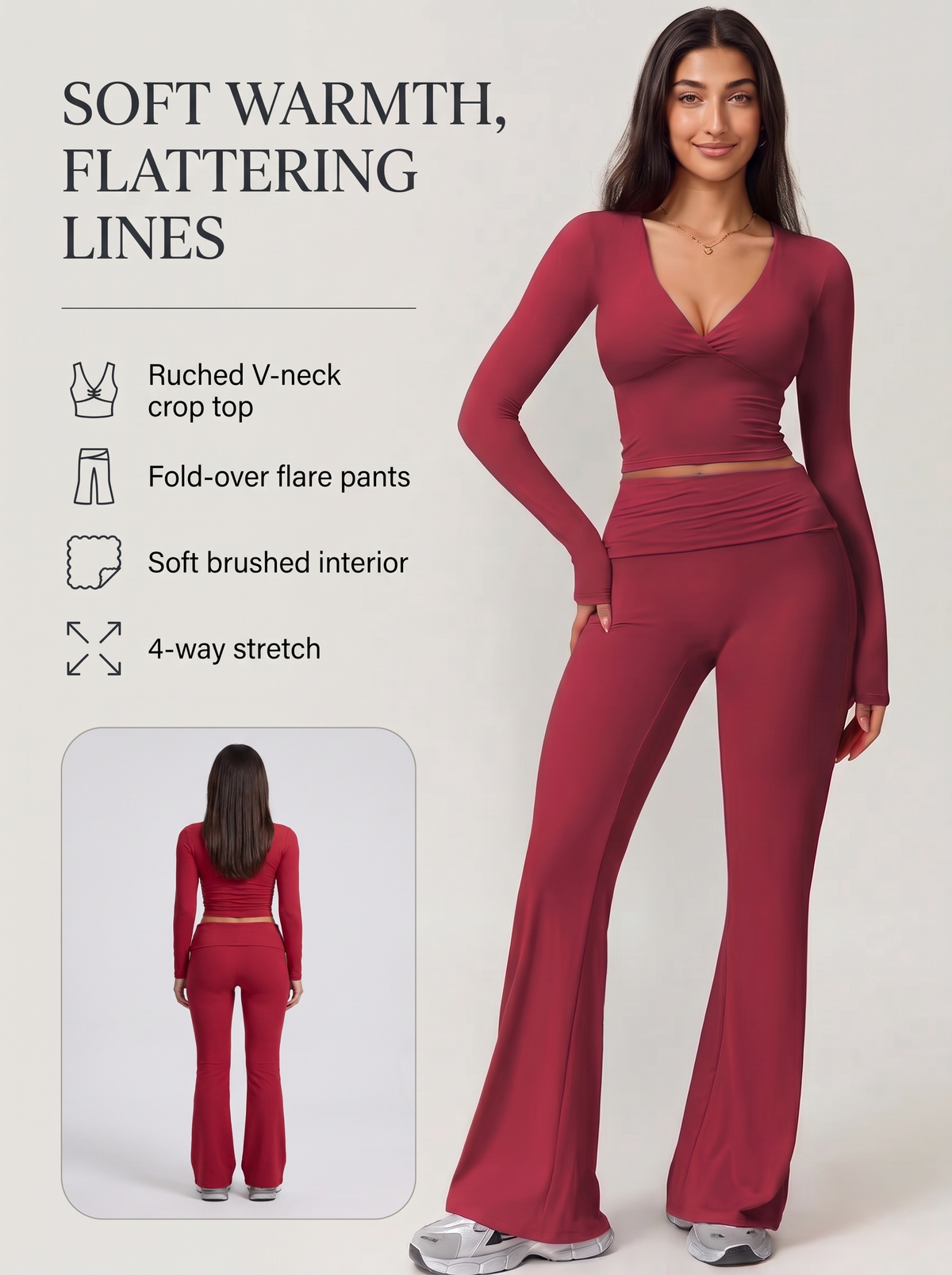Move V-Neck Flare Set key benefits: ruched V-neck crop top, fold-over flare pants, soft brushed interior, 4-way stretch