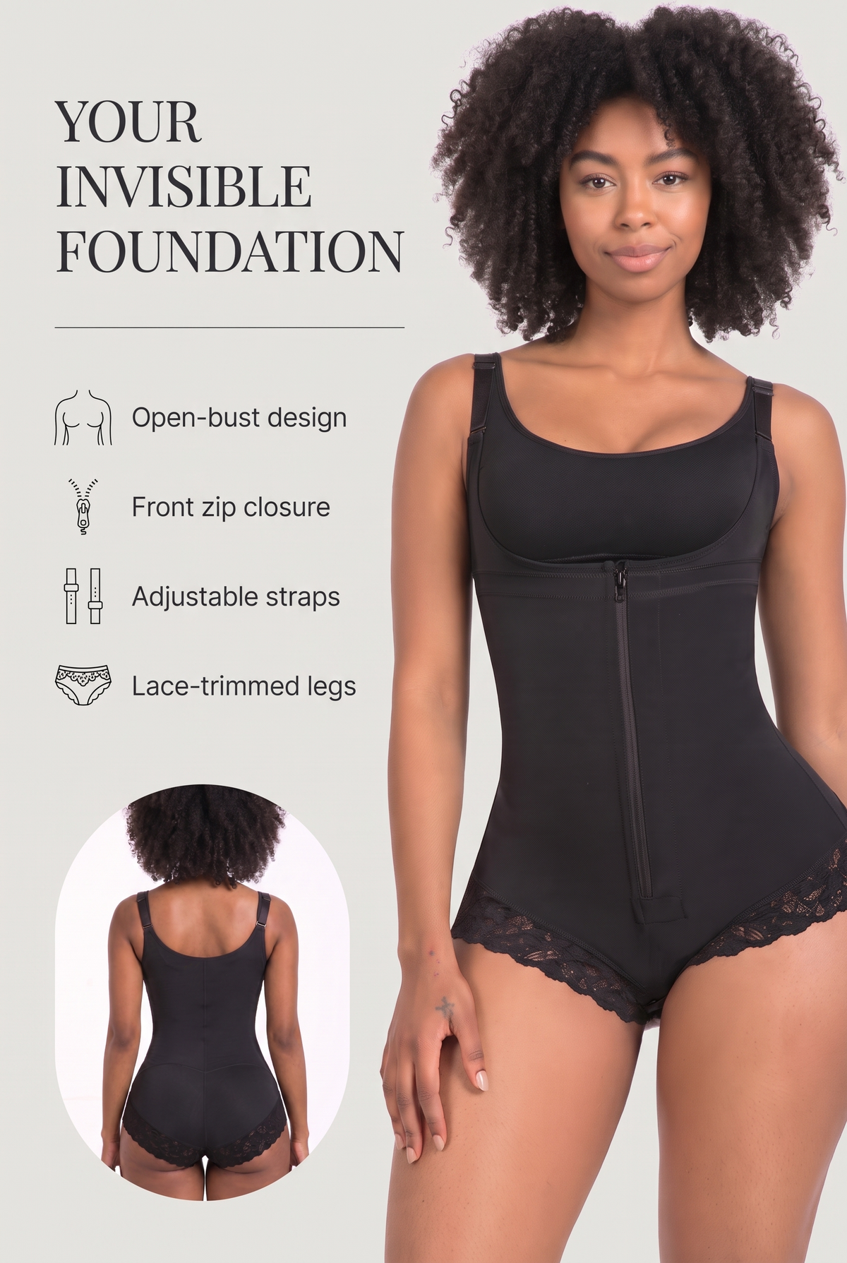 Sculpt Sleeveless Shaping Bodysuit key benefits: open-bust design, front zip closure, adjustable straps, lace-trimmed legs