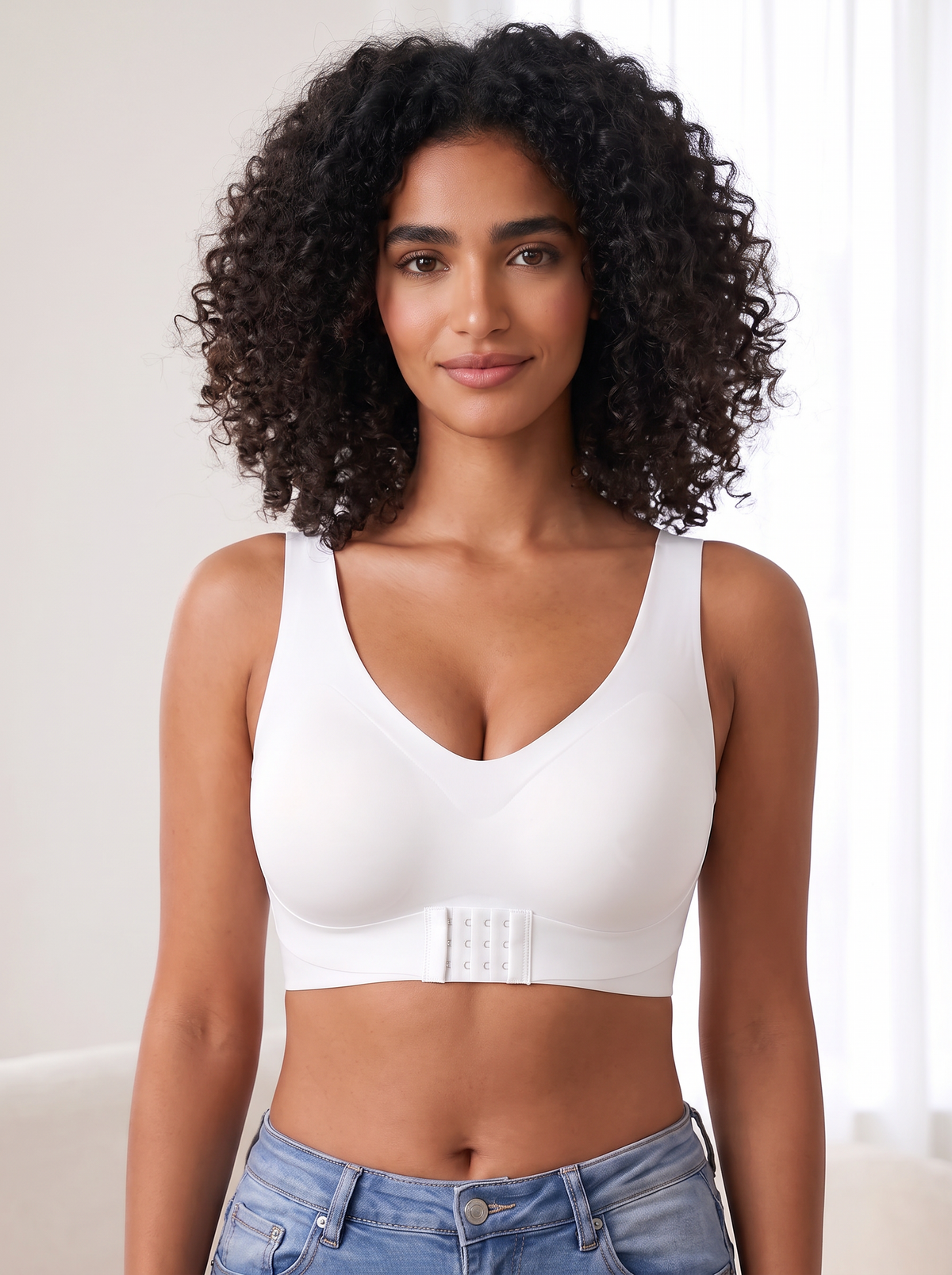 Second Skin Front-Clasp Lift Bra in White, front view