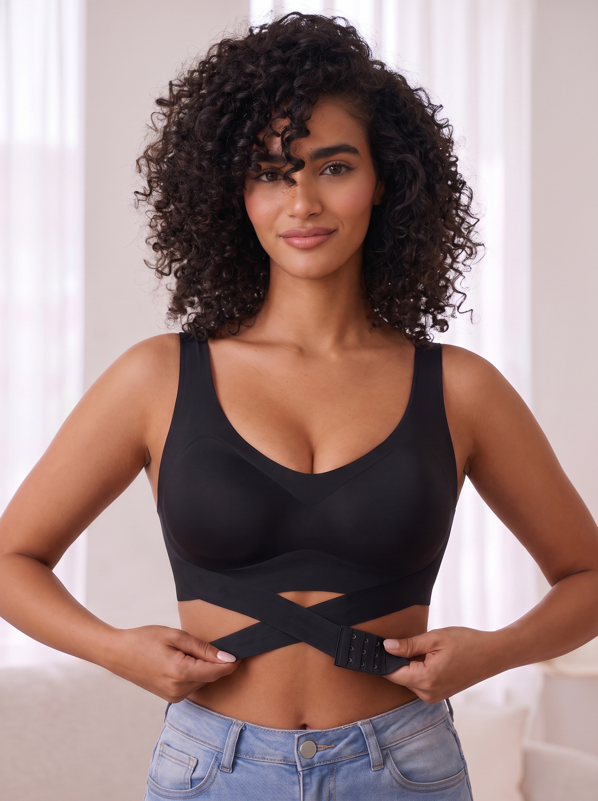 Second Skin Front-Clasp Lift Bra in Black, front view