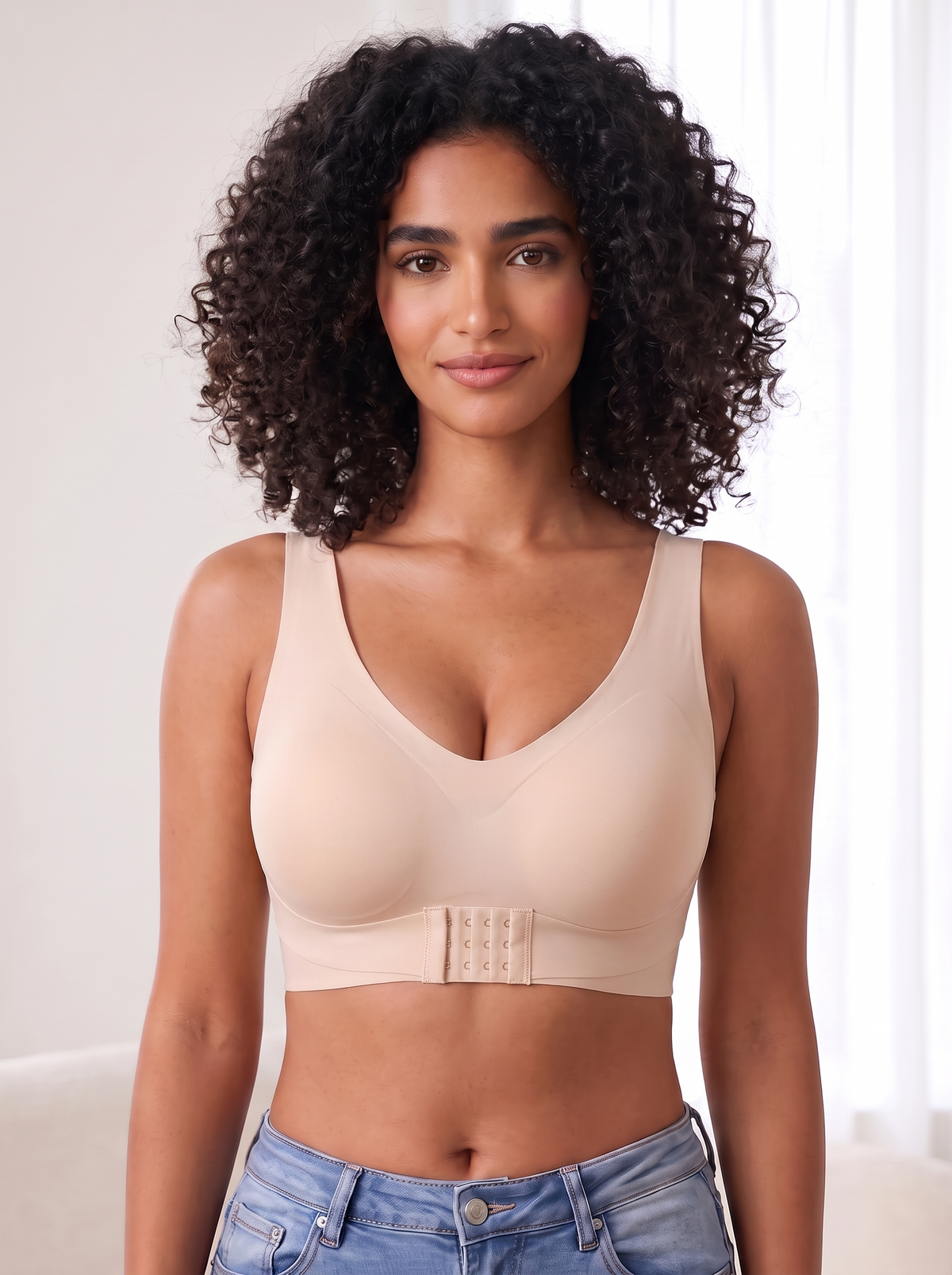 Second Skin Front-Clasp Lift Bra in Sand, front view