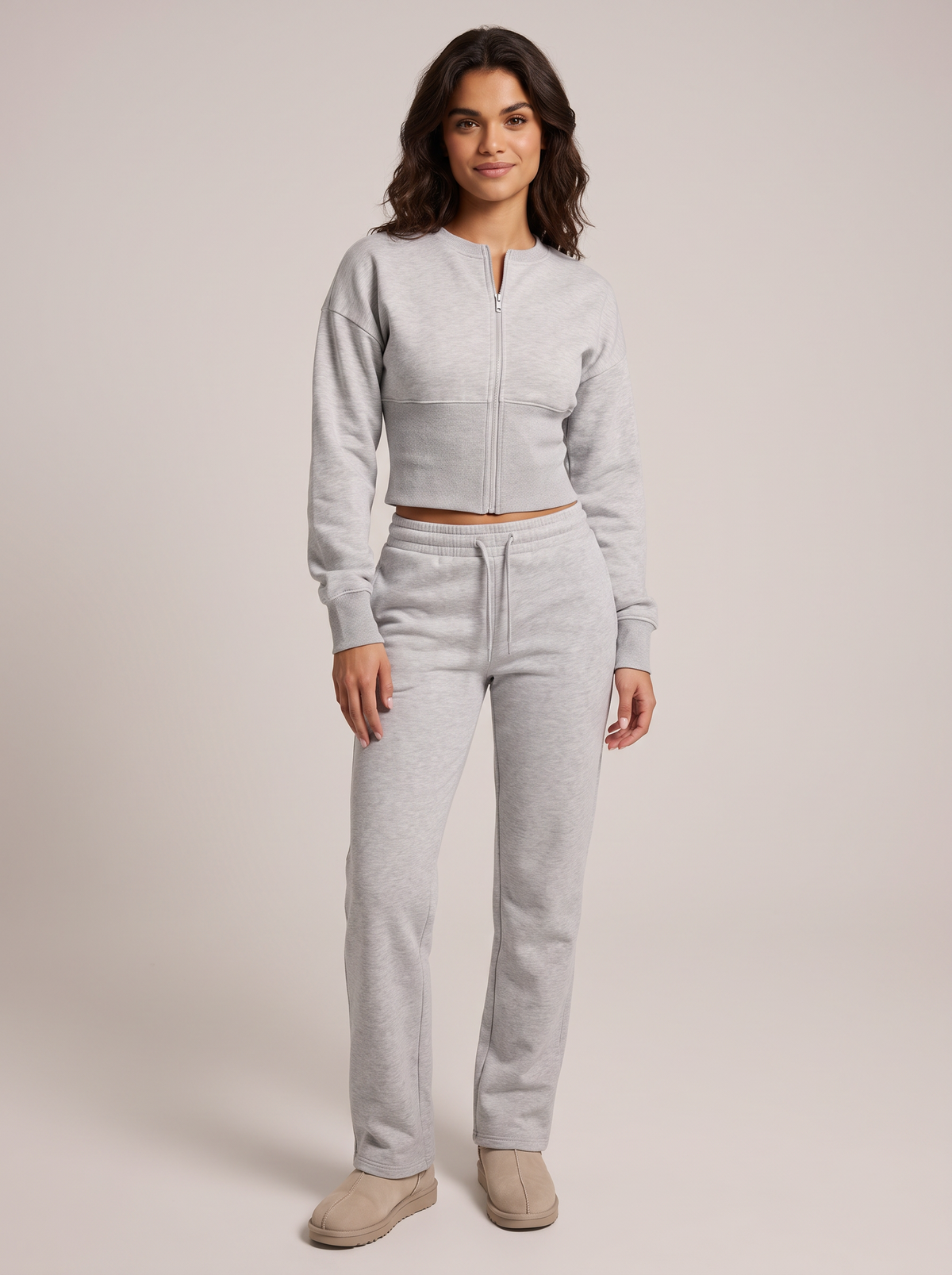 Lounge Zip Cardigan & Straight Pants Set in Light Grey, front view