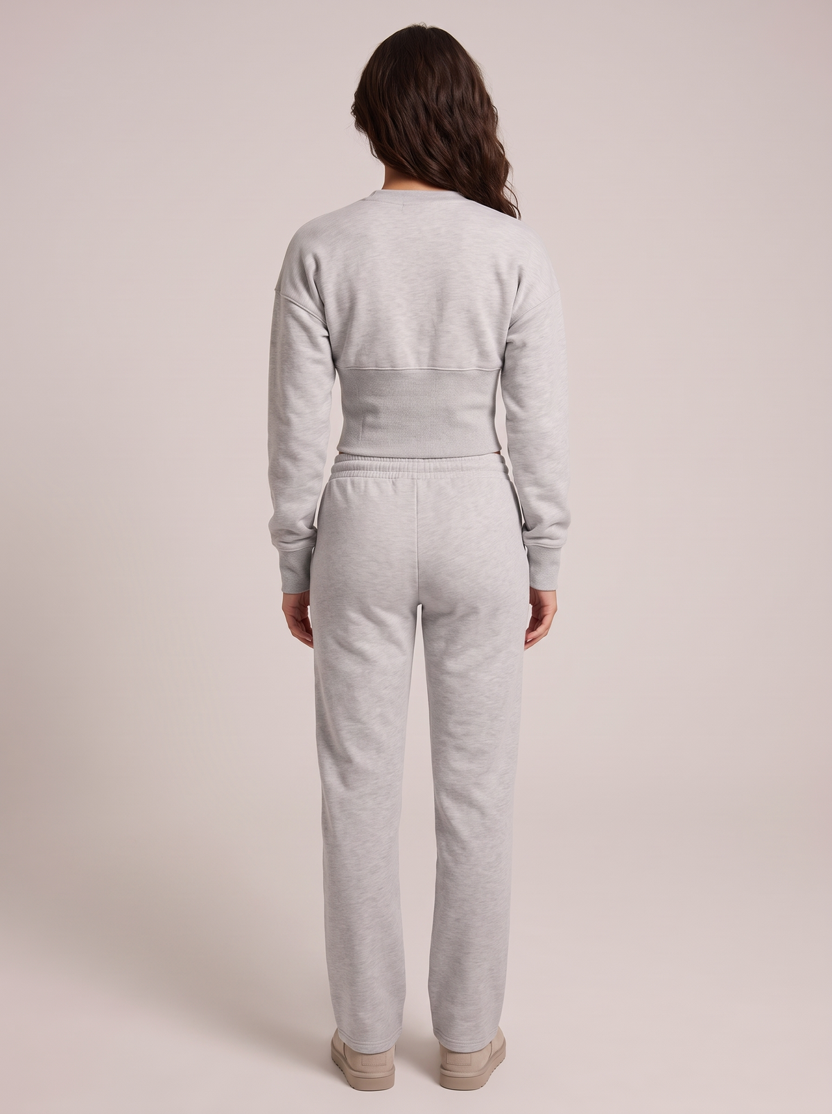 Lounge Zip Cardigan & Straight Pants Set in Light Grey, back view
