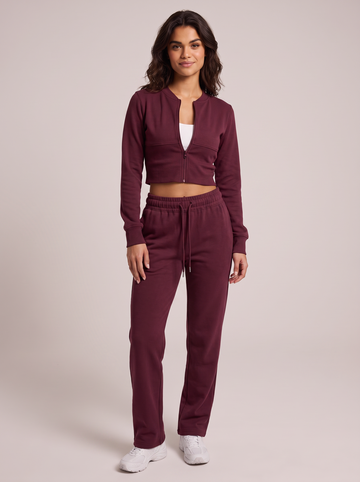 Lounge Zip Cardigan & Straight Pants Set in Burgundy, front view