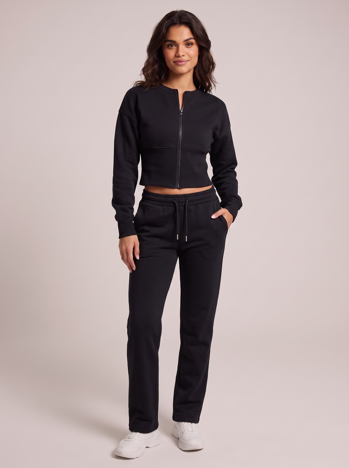 Lounge Zip Cardigan & Straight Pants Set in Black, front view