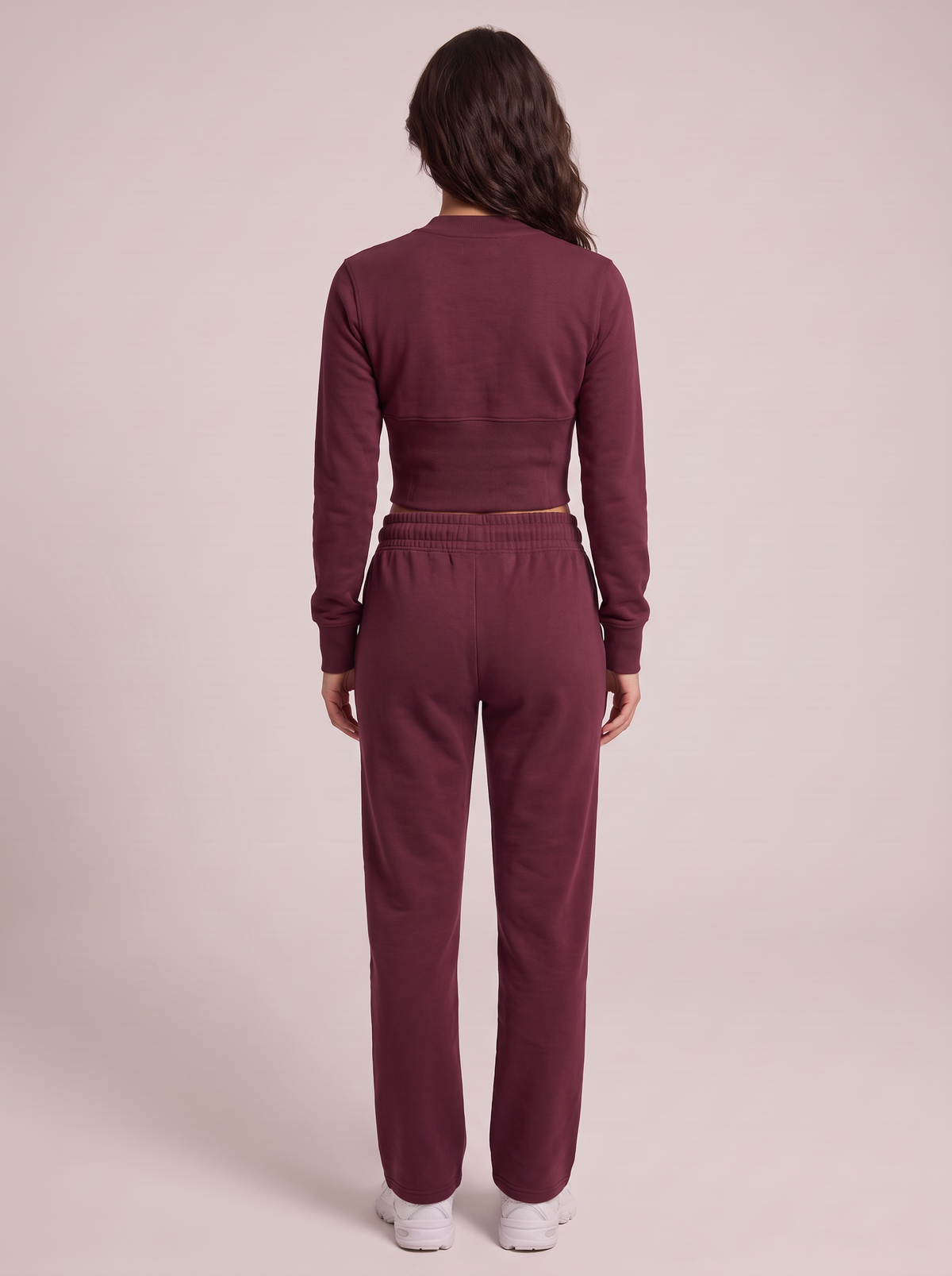 Lounge Zip Cardigan & Straight Pants Set in Burgundy, back view