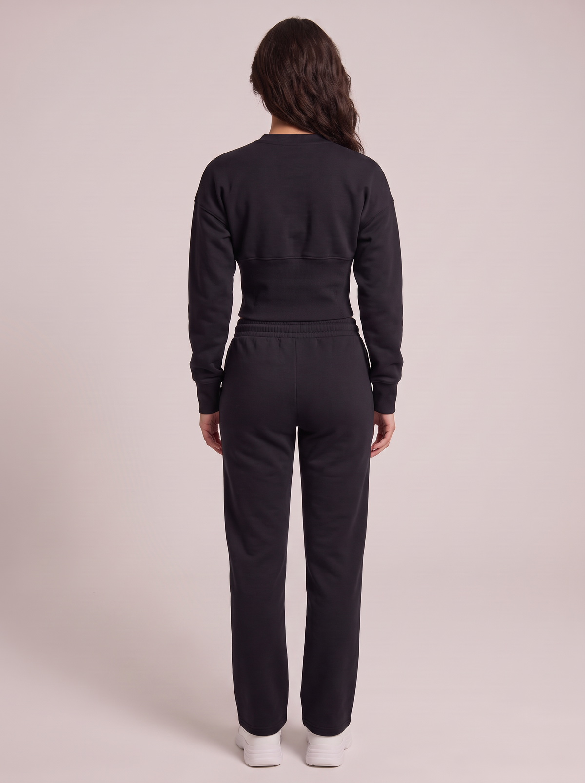 Lounge Zip Cardigan & Straight Pants Set in Black, back view