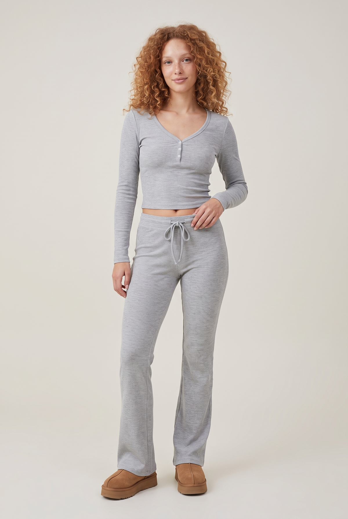 Lounge Ribbed Henley Flare Set in Light Grey, front view