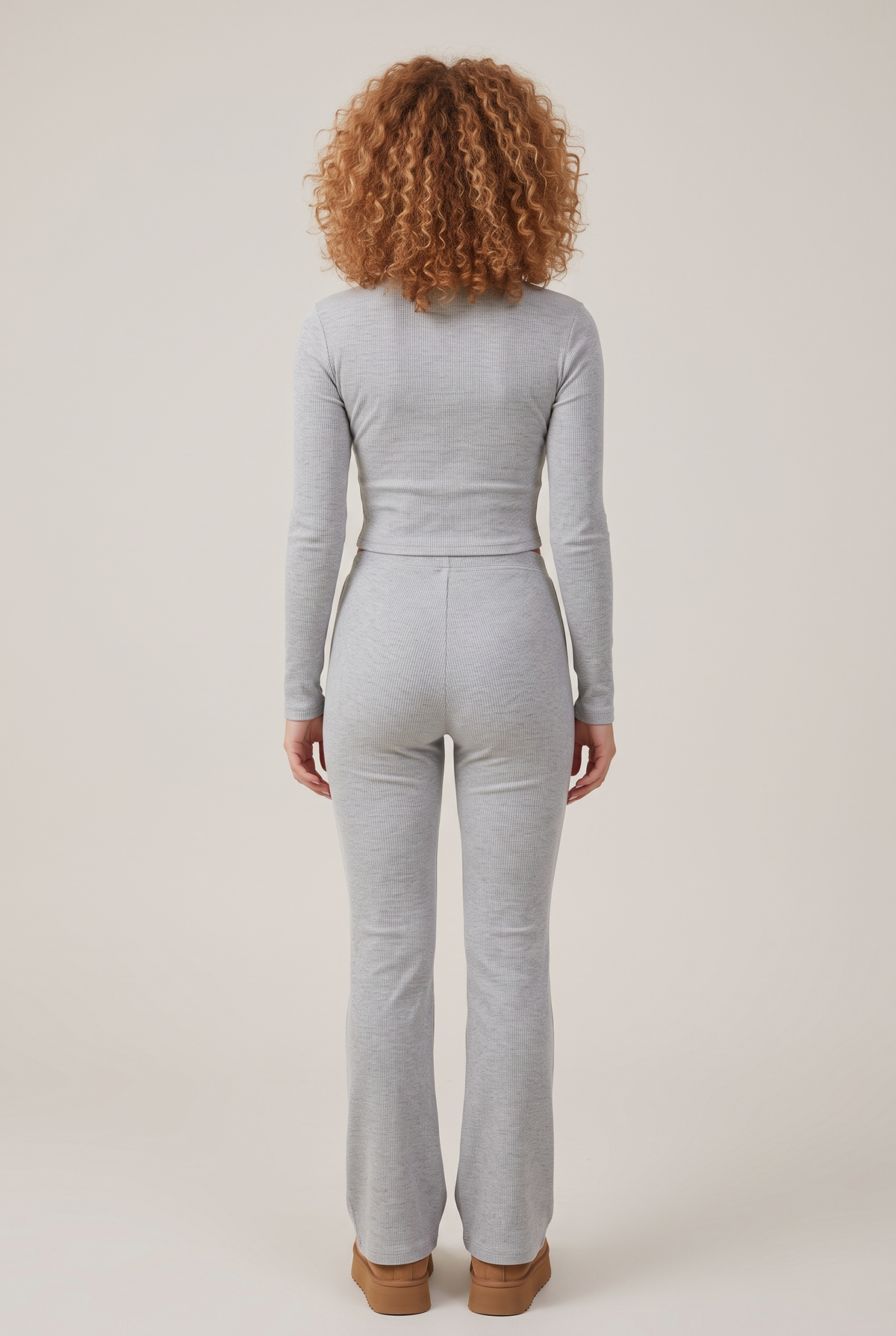 Lounge Ribbed Henley Flare Set in Light Grey, back view