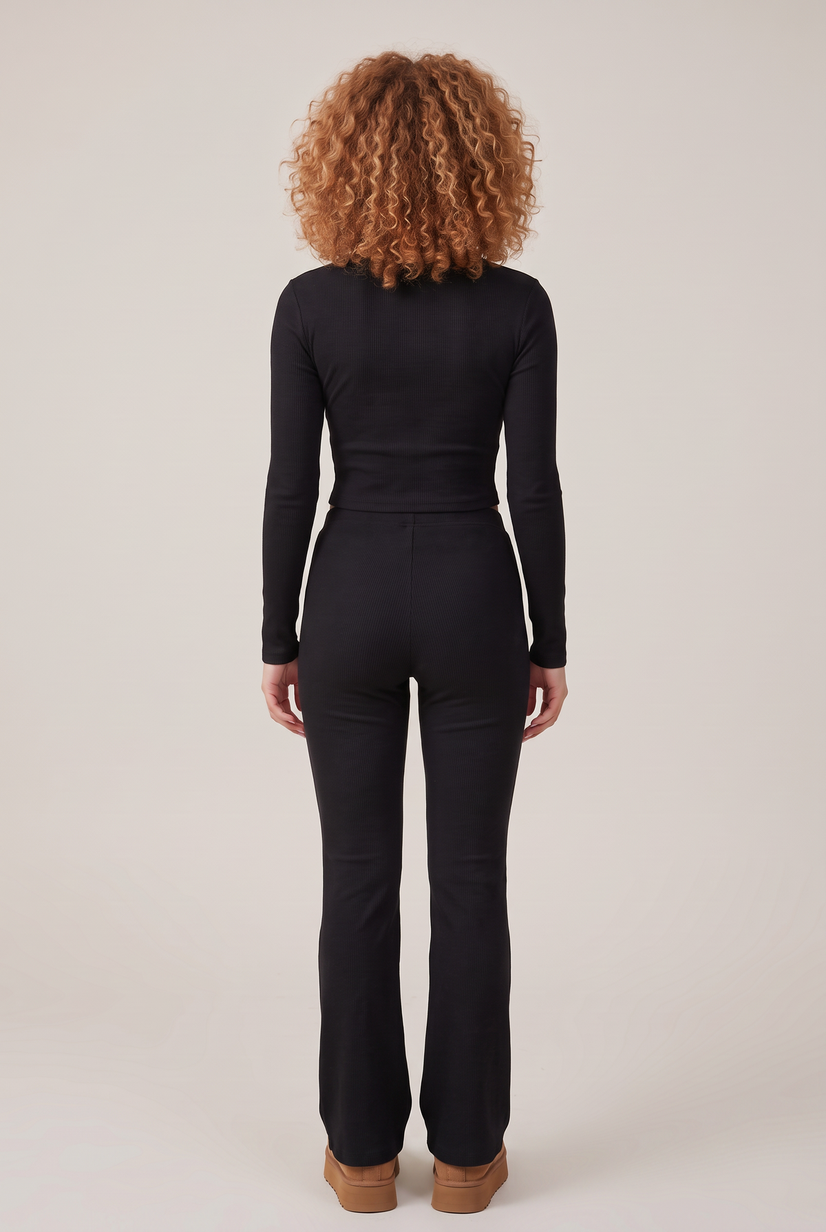 Lounge Ribbed Henley Flare Set in Black, back view
