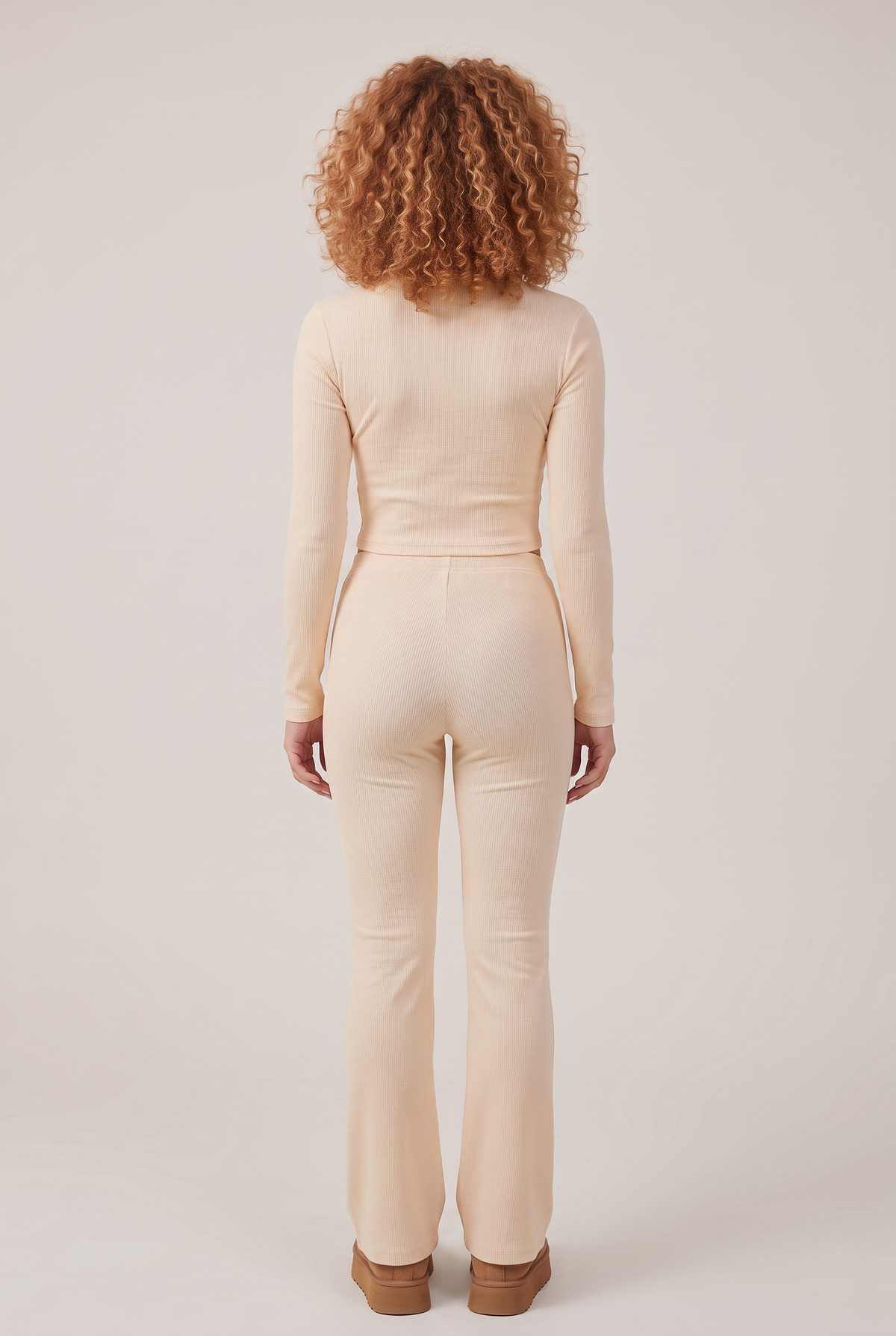 Lounge Ribbed Henley Flare Set in Apricot, back view