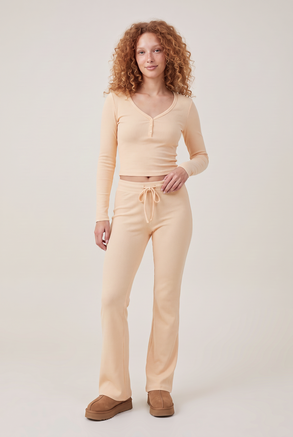 Lounge Ribbed Henley Flare Set in Apricot, front view