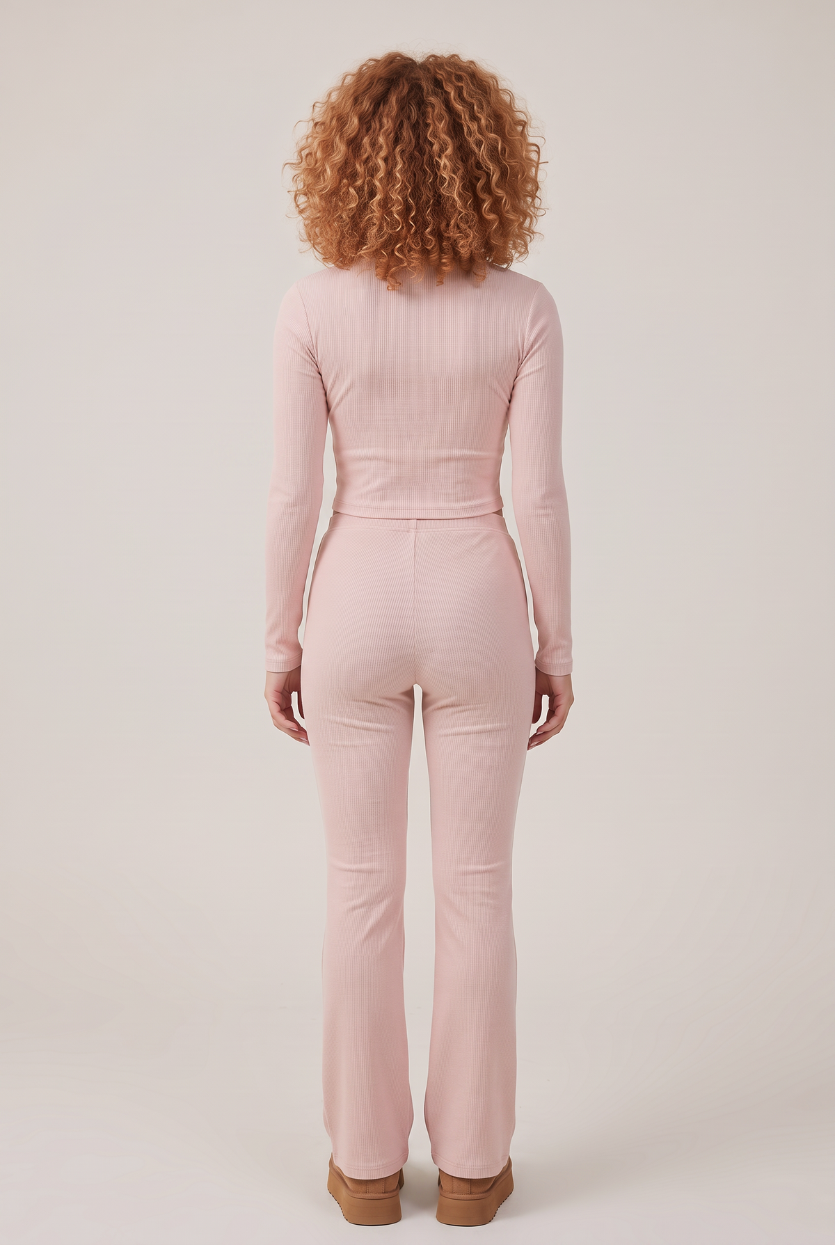 Lounge Ribbed Henley Flare Set in Blush, back view