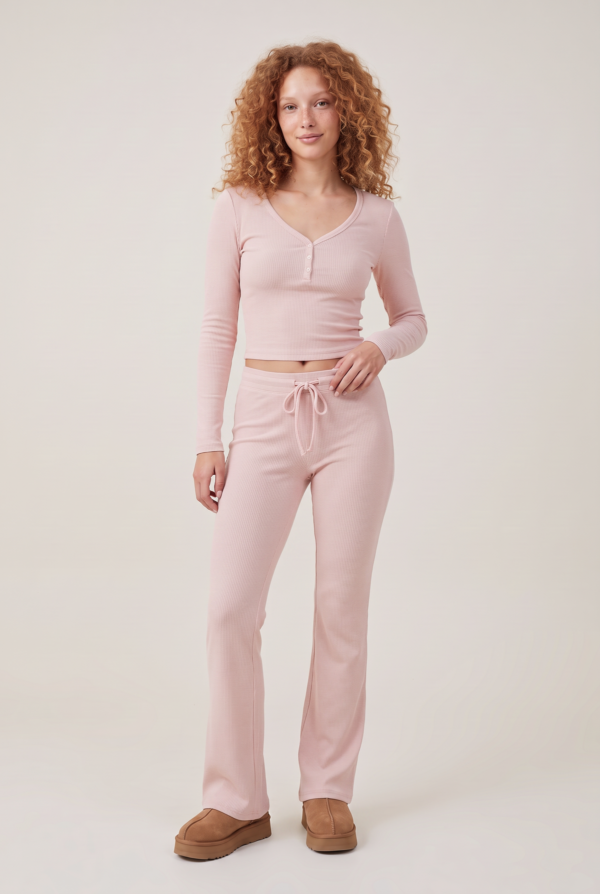 Lounge Ribbed Henley Flare Set in Blush, front view