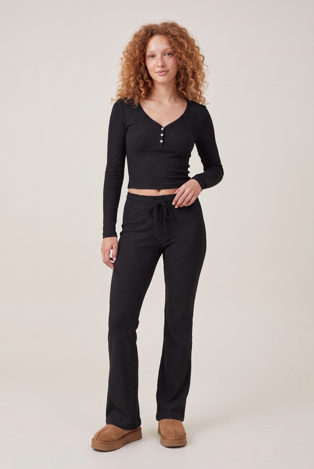 Lounge Ribbed Henley Flare Set in Black, front view