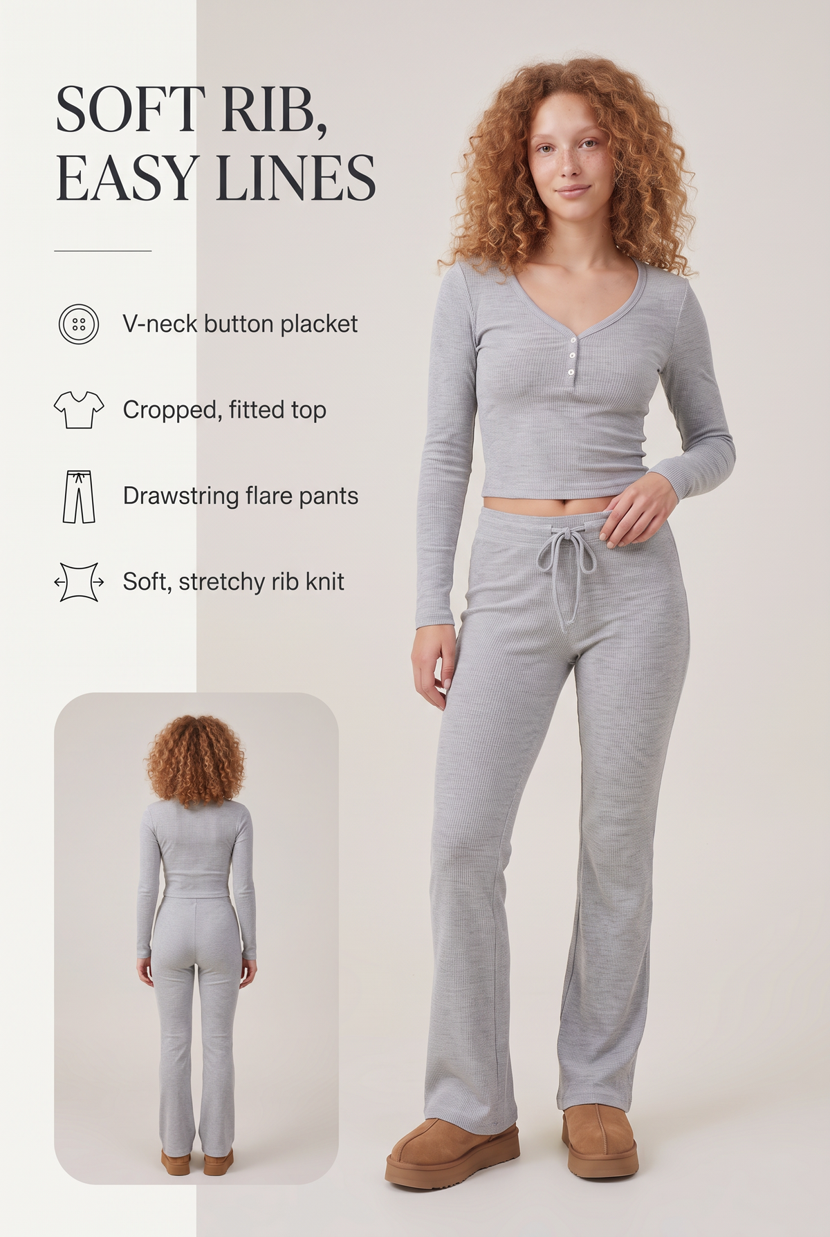 Lounge Ribbed Henley Flare Set key benefits: V-neck button placket, cropped fitted top, drawstring flare pants, soft stretchy rib knit